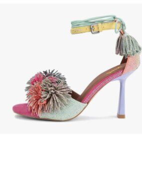 XYD Pink Green Open Toe Rhinestones Studs Multicolored Tassel Lace-up Sandals